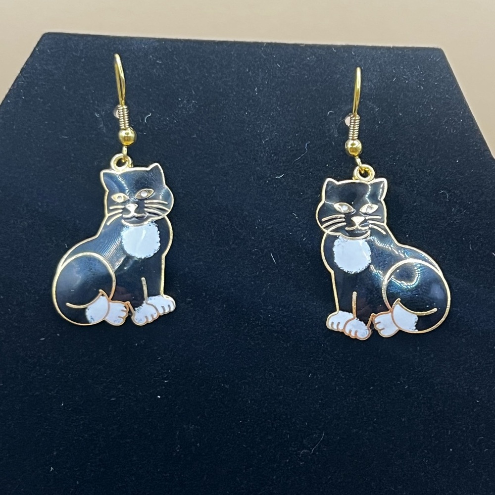 Cloisonne Enamel Black Cat Earrings Vintage Dangle Drop Pierced Gold Tone